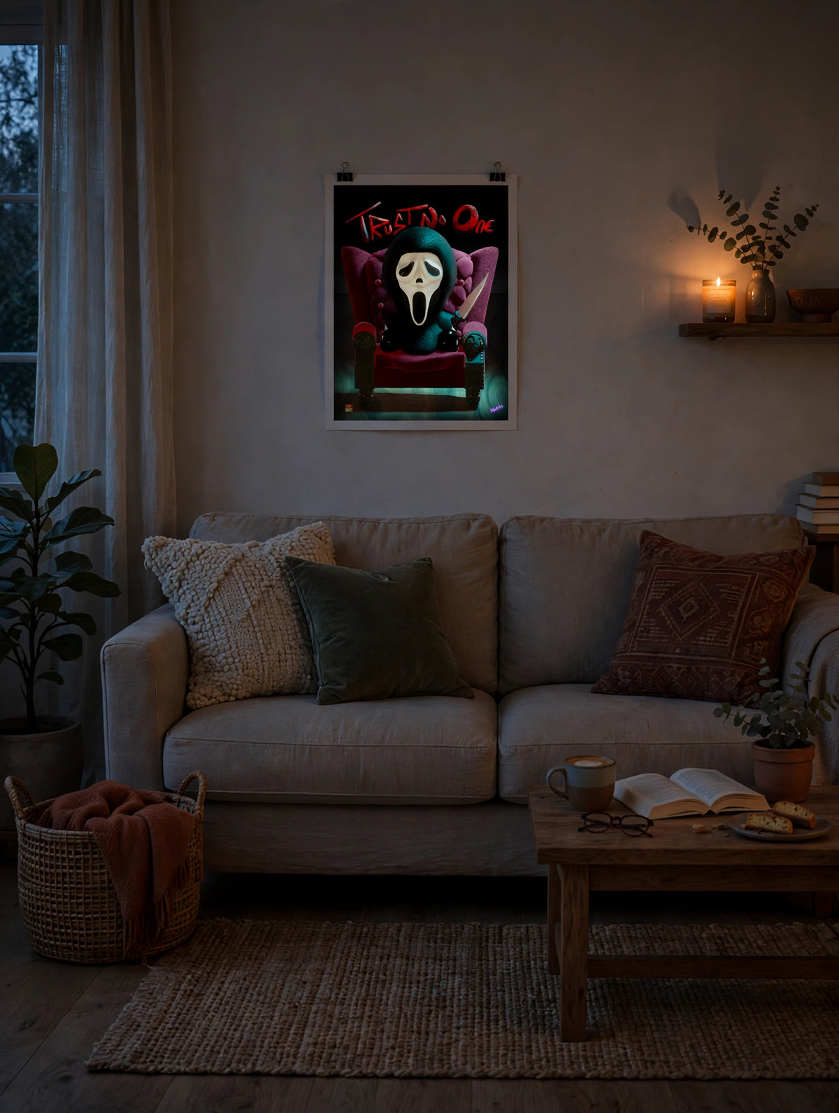 TRUST NO ONE 16x20 horror poster displayed unframed on a moody living room wall