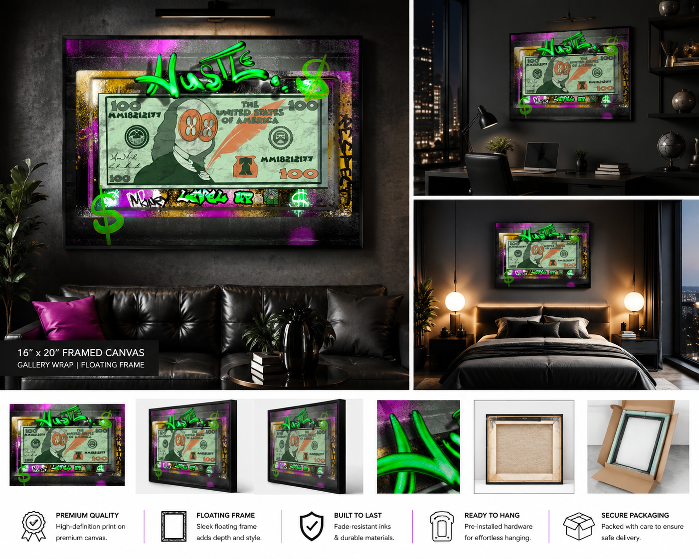 Hustle 16x20 framed canvas lifestyle wall mockup by Mico's Mind