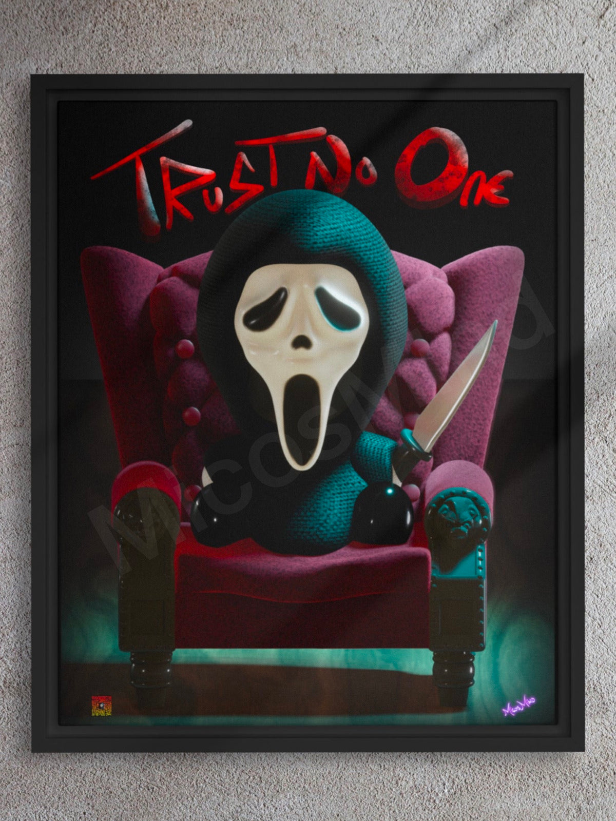 Trust No One – 16x20 Framed Canvas, Ghost Mask Horror Wall Art by MicosMind