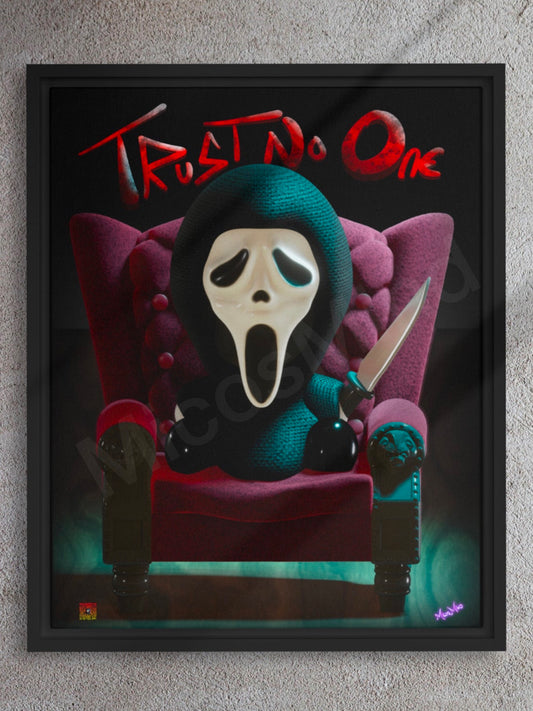 Trust No One – 16x20 Framed Canvas, Ghost Mask Horror Wall Art by MicosMind