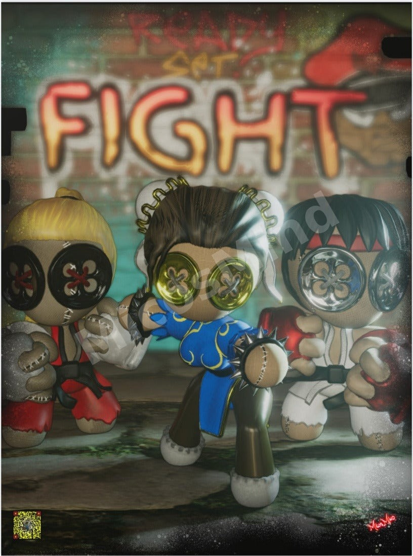 Stitched Fighter 16x20 framed print artwork by MicosMind - three stitched fighter dolls in front of a READY SET FIGHT graffiti wall