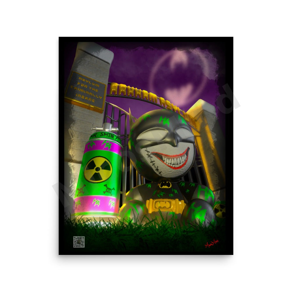 Batsy – grinning bat-masked doll with stitched smile, toxic canister, asylum gate, and bat emblem in a purple night sky, 16x20 poster wall art by MicosMind