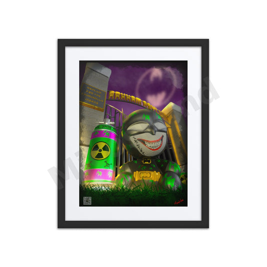 Batsy – grinning bat-masked doll with stitched smile, toxic canister, asylum gate, and bat emblem in a purple night sky, 16x20 framed print wall art by MicosMind