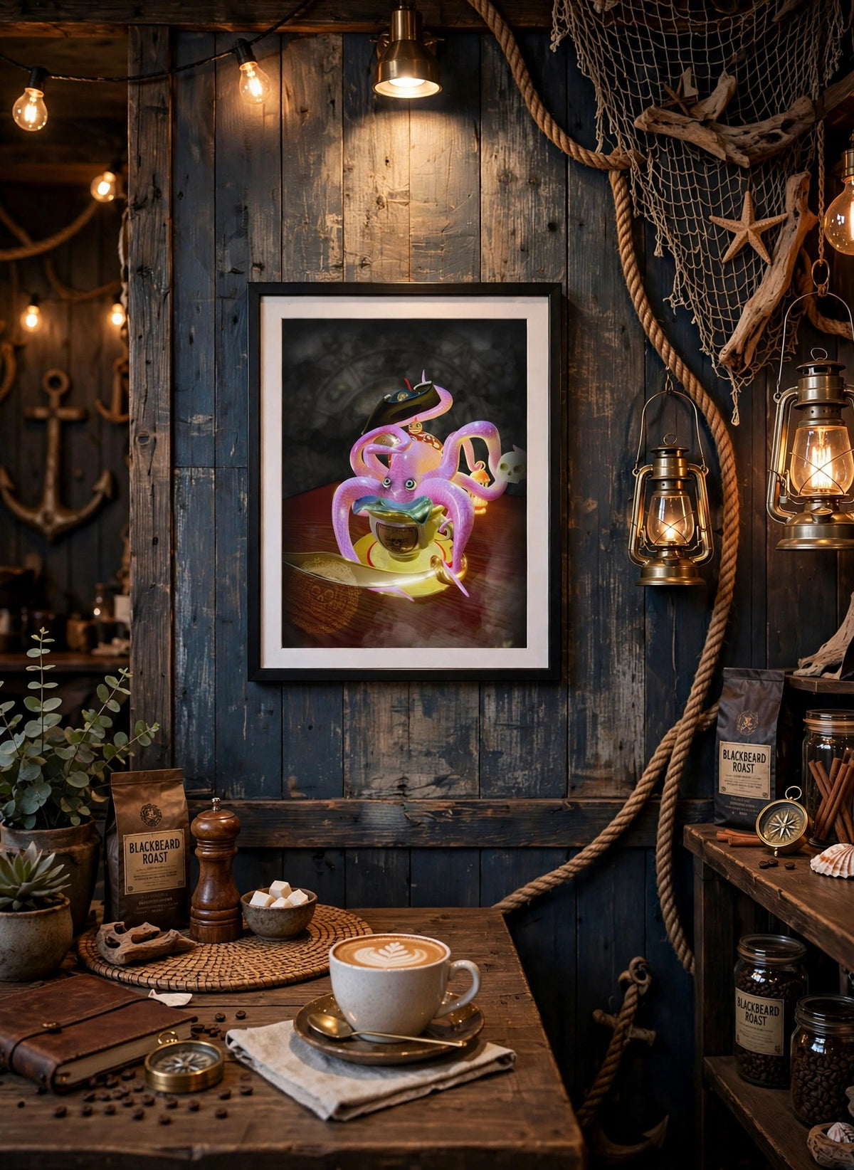 Buccaneers Brew poster in a pirate coffee shop room mockup by MicosMind