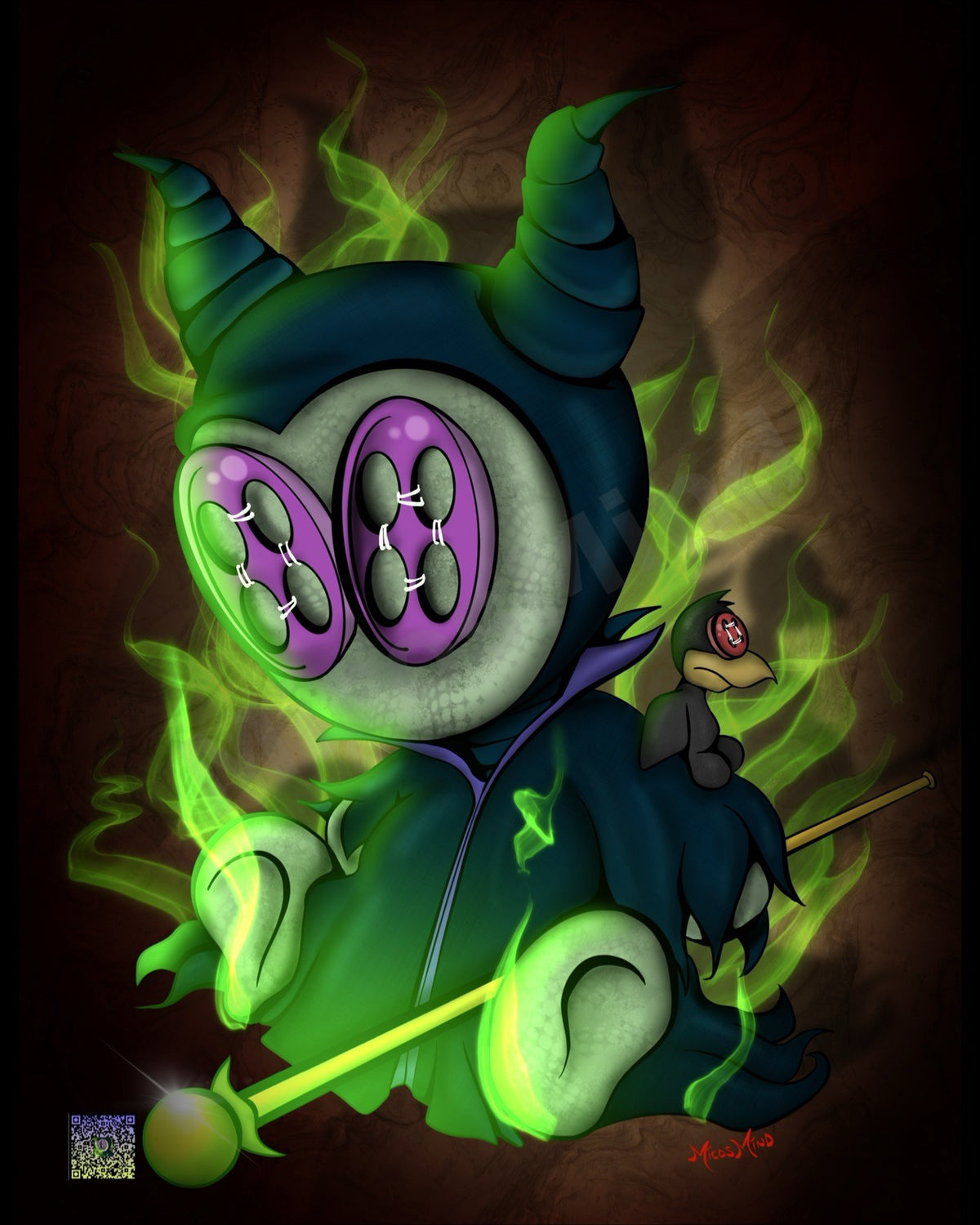 Dark Fairy – horned dark fairy doll with purple button eyes, raven companion, and green magic, 16x20 poster wall art by MicosMind