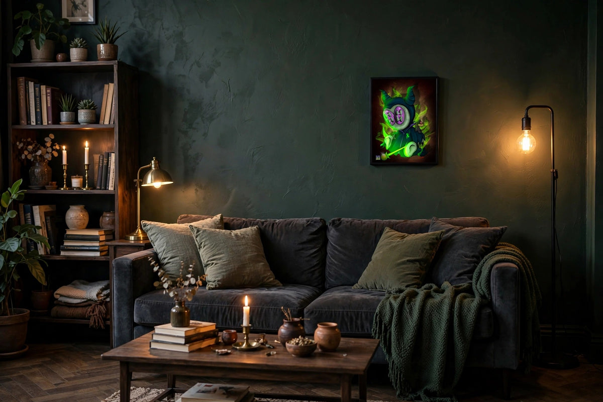 Dark Fairy artwork displayed as accent piece in a moody living room