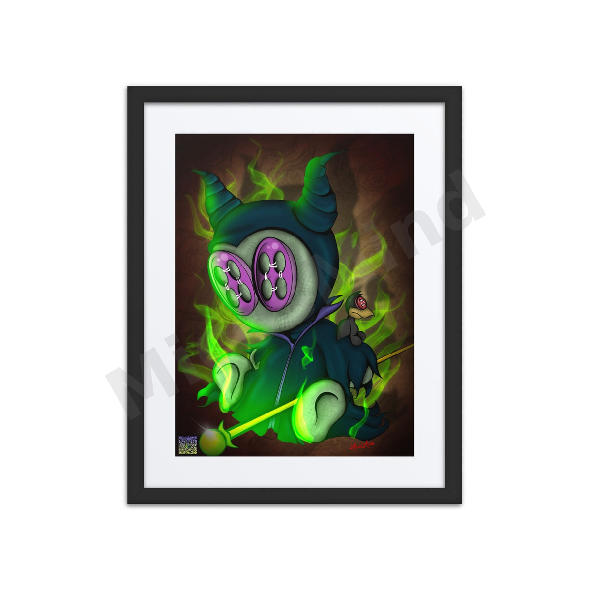 Dark Fairy – 16x20 framed print, horned dark fairy doll with raven in green magic, by MicosMind