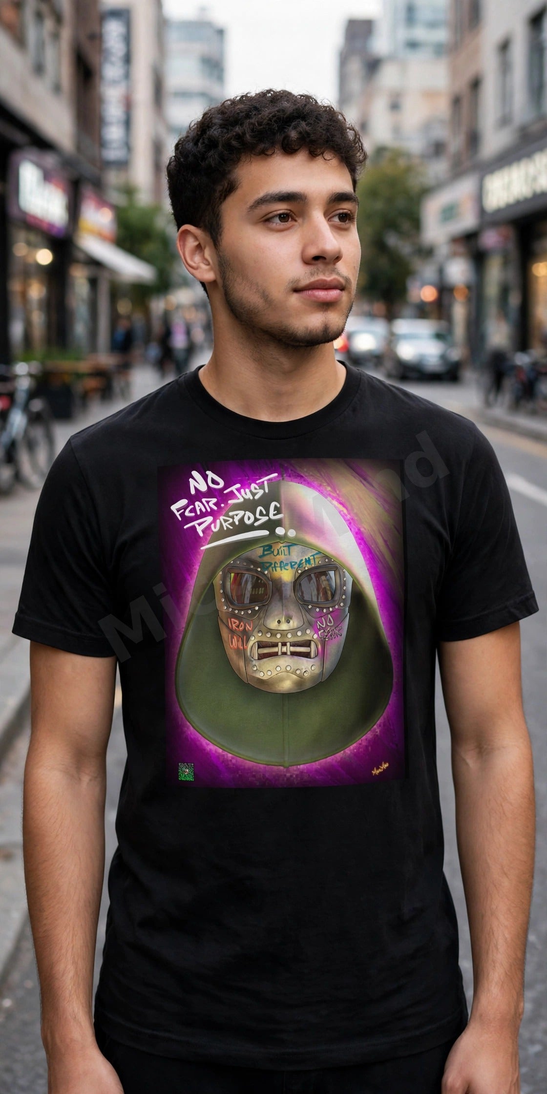 No Fear Just Purpose Unisex T-Shirt, Hooded Skull Graffiti Motivational Graphic Tee by MicosMind