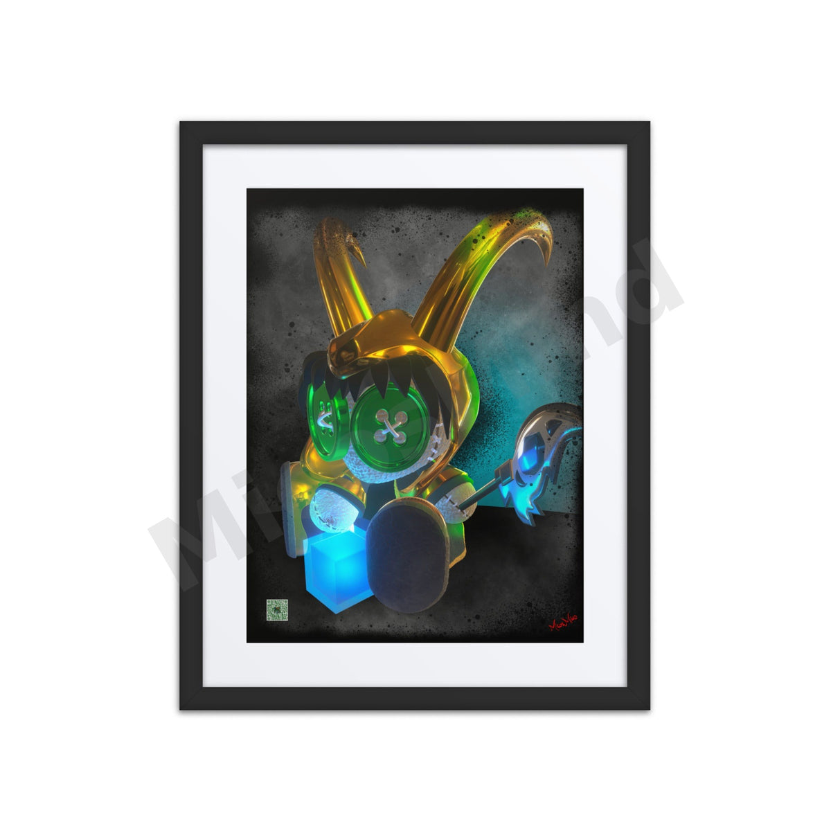God of Mischief – horned god doll with golden horns, green button eyes, glowing blue scepter and cube, 16x20 framed print wall art by MicosMind