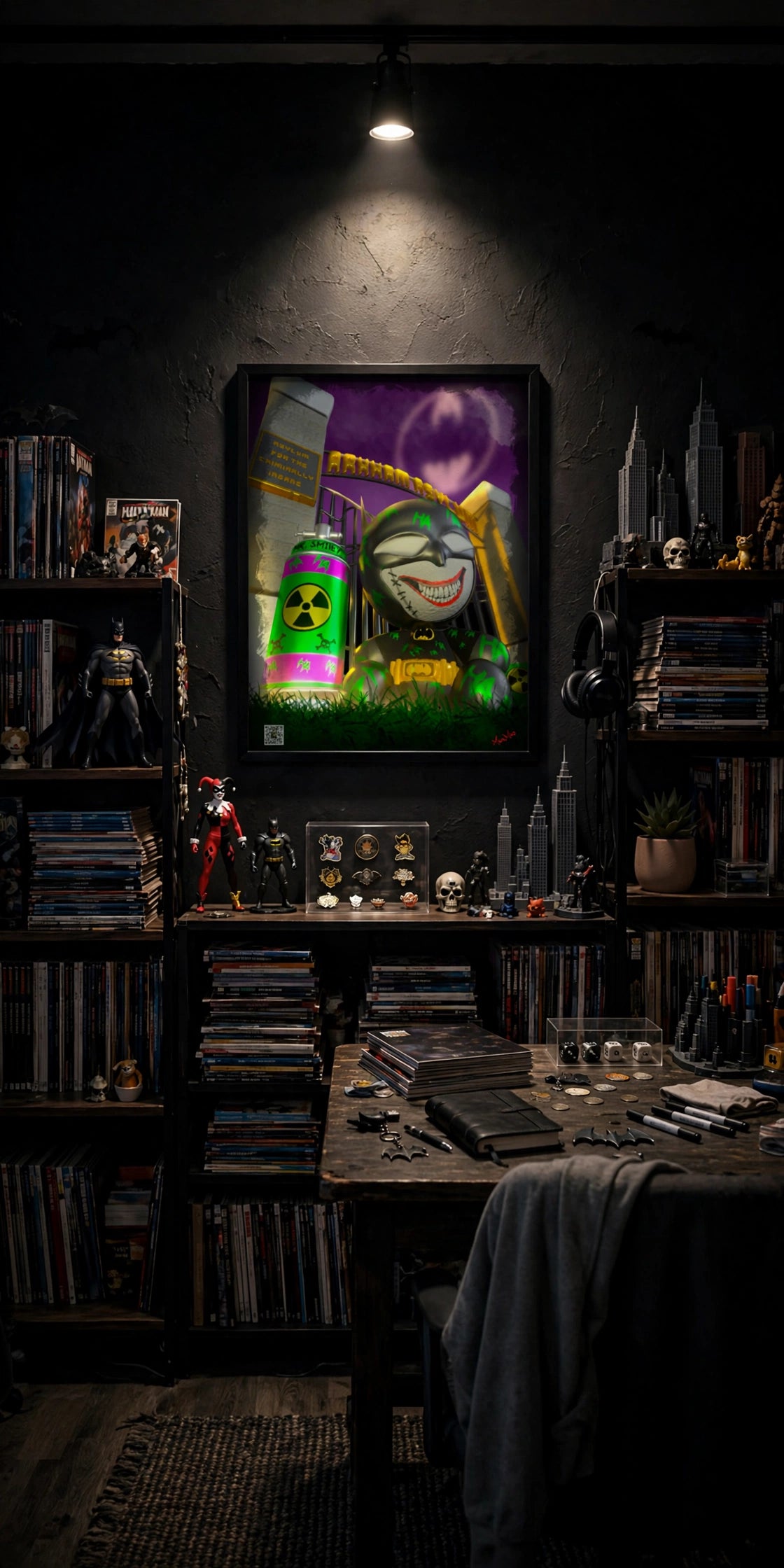 Batsy poster displayed in a low-lit comic book room with a spotlight over the artwork