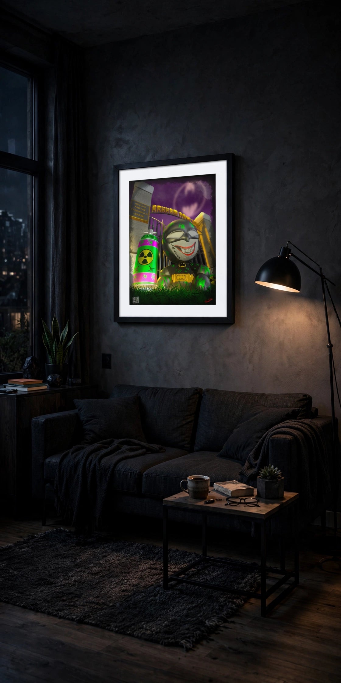 Batsy artwork displayed as accent piece in a dark modern living room