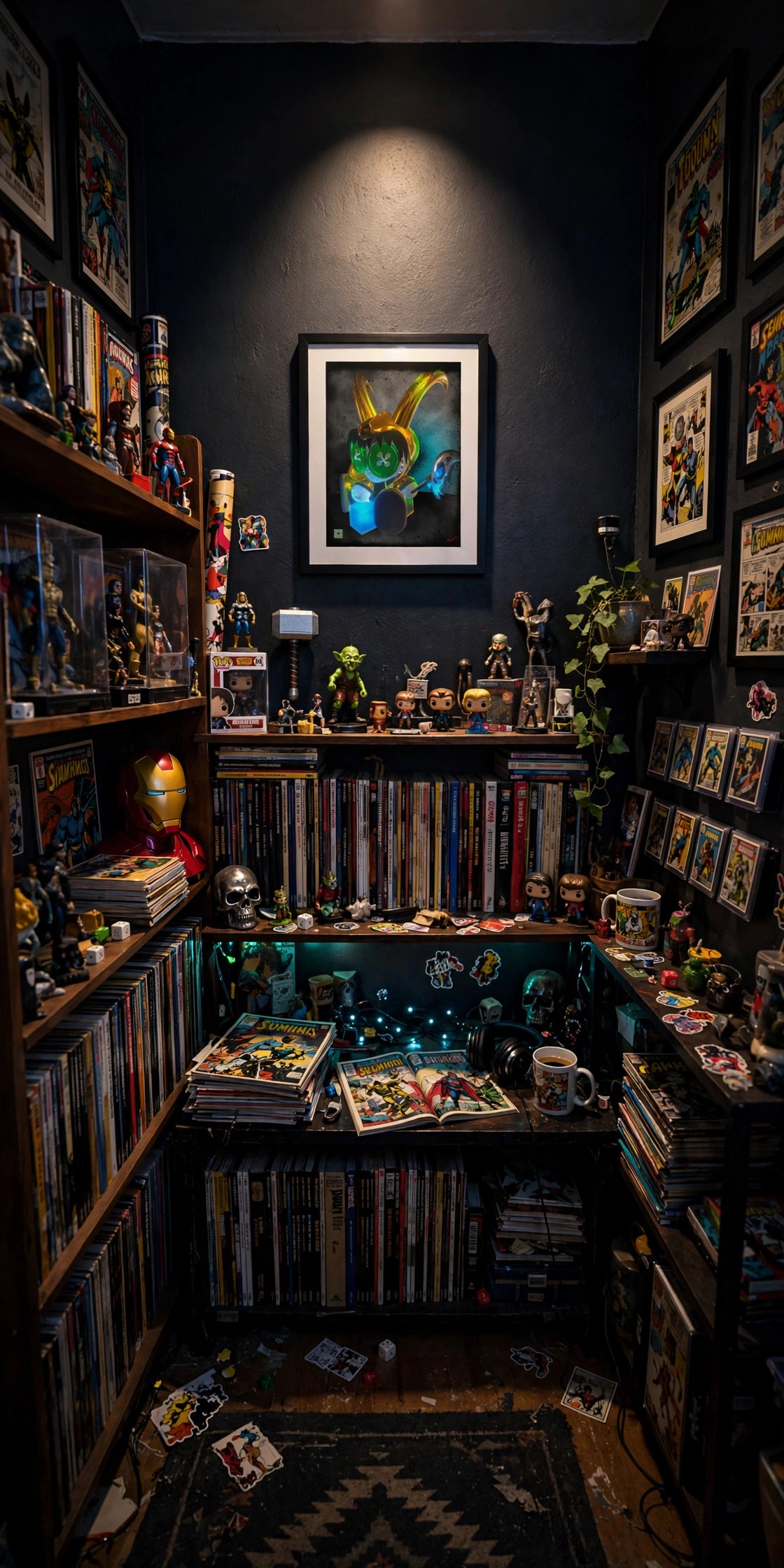 God of Mischief artwork displayed in a comic book collector's room with a spotlight over the artwork