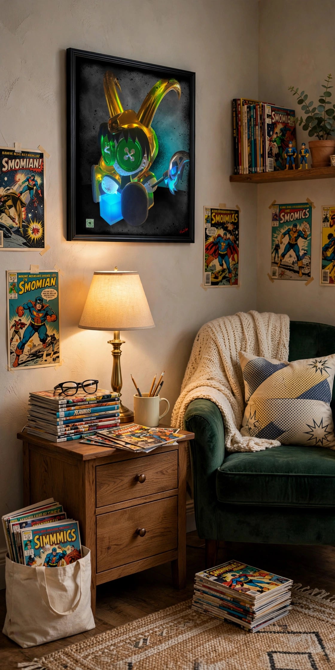 God of Mischief poster displayed in a comic book reading nook