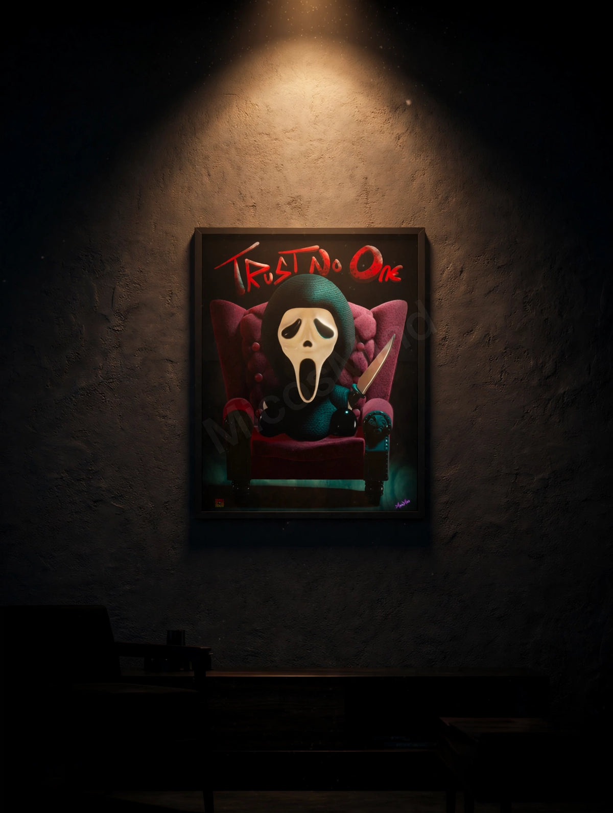 TRUST NO ONE 16x20 framed canvas under a spotlight on a dark gallery wall