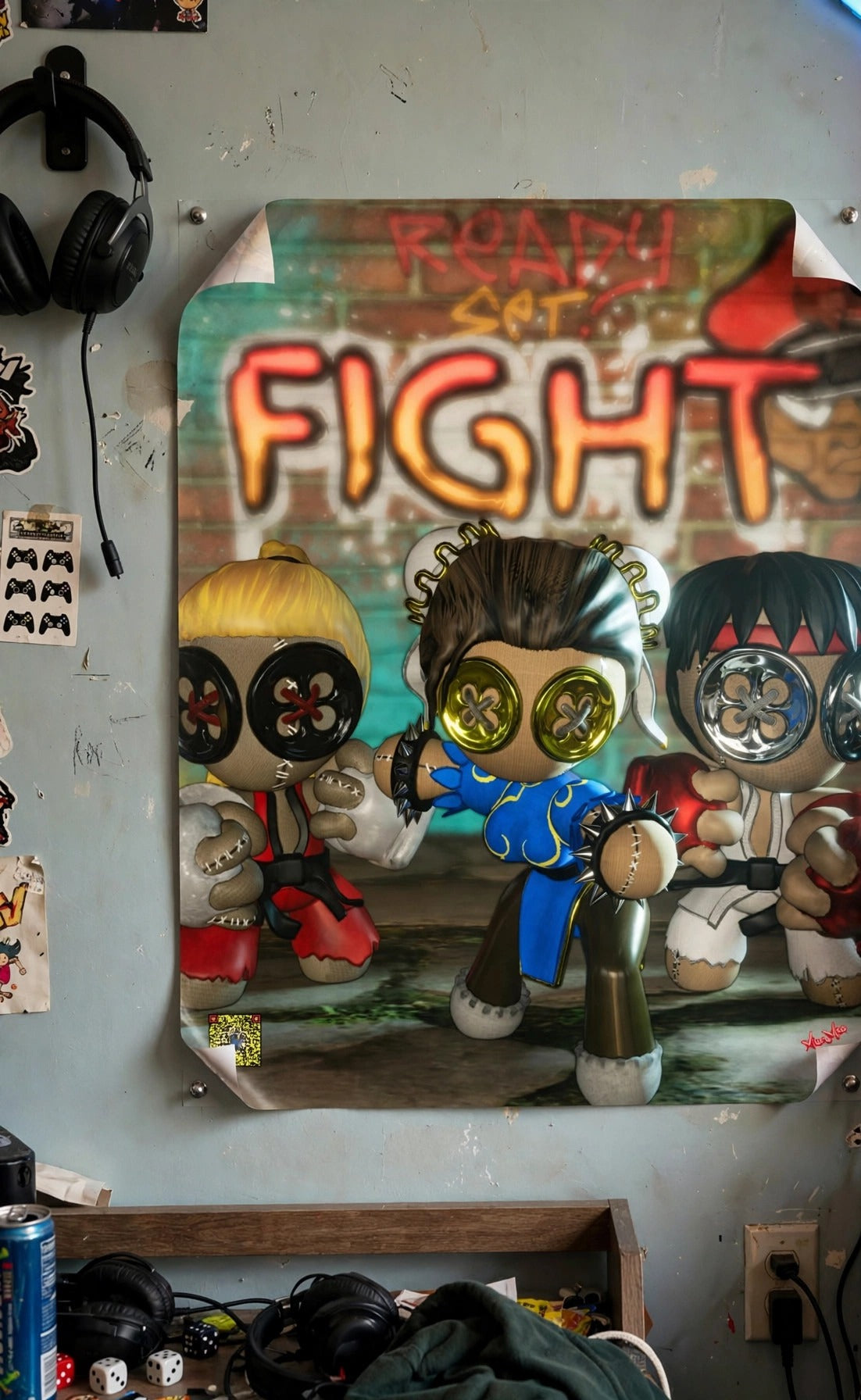 Stitched Fighter poster pinned to a game room wall