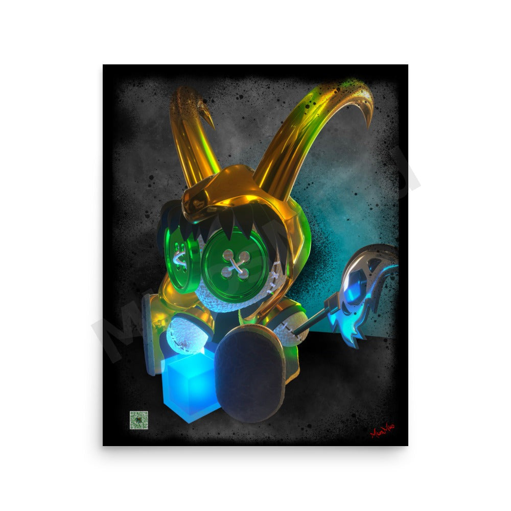 God of Mischief – horned god doll with golden horns, green button eyes, glowing blue scepter and cube, 16x20 poster wall art by MicosMind