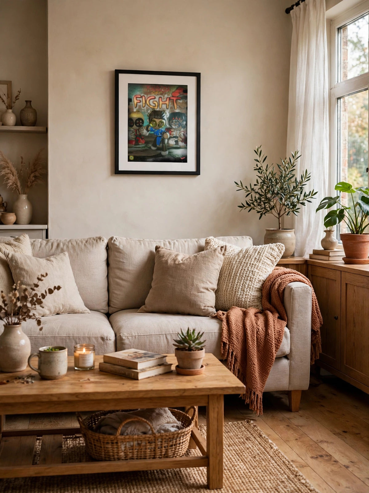 Stitched Fighter framed print hanging above a sofa in a living room