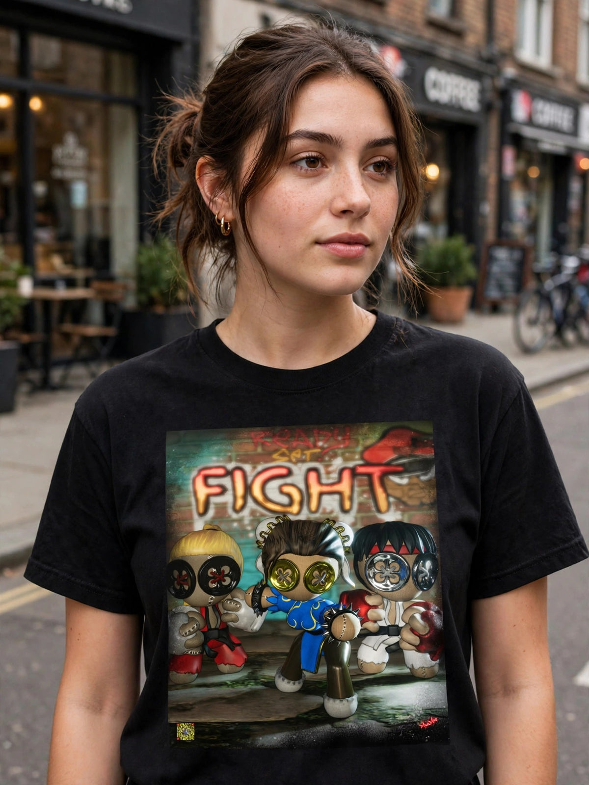 Woman wearing the Stitched Fighter unisex t-shirt by MicosMind