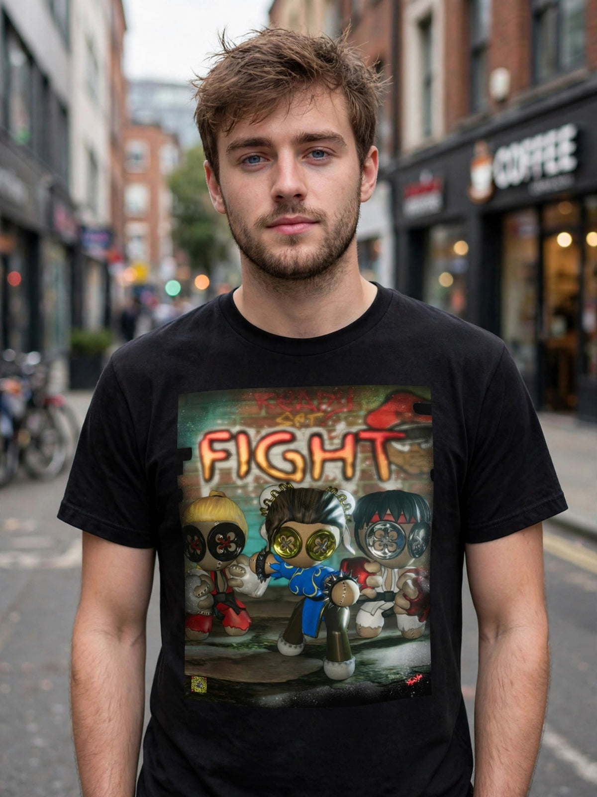 Man wearing the Stitched Fighter unisex t-shirt by MicosMind